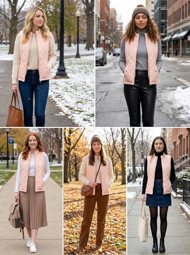 Fuinloth Women's Quilted Vest, Stand Collar Lightweight Zip Padded Gilet Light Pink XS - Thumbnail 5