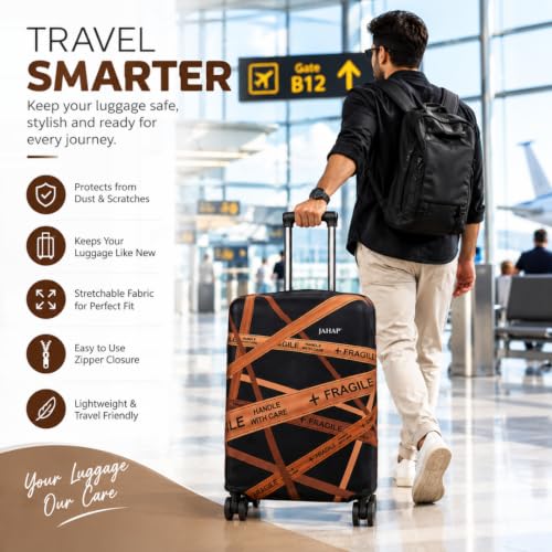 Image of JAHAP 20 Inch Luggage Cover Small | Fragile Print Stretchable Trolley Bag Cover for Suitcase | Stretchable Trolley Protector (Fits Only On Fiber /Plastic Trolley Bag)