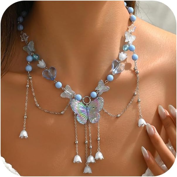Charm Layered Butterfly Choker Necklaces for Women, Vintage Purple Butterflies Beaded Flower Pendant Tassel Chain Necklace Y2K Jewelry Fairy Aesthetic Gift