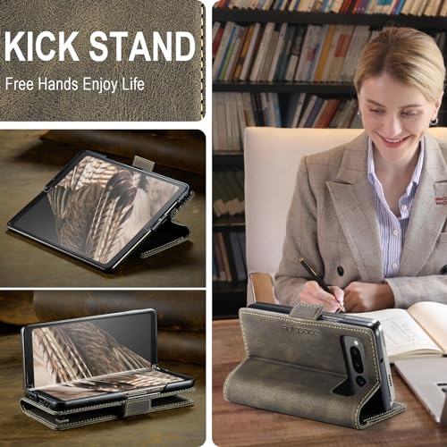 EYZUTAK Wallet Case for Google Pixel Fold, Retro Matte Premium Protective Leather Case 1 Card & 1 Cash Slot with RFID Blocking View Stand Magnetic Closure TPU Shell Flip Cover - Coffee - Image 3