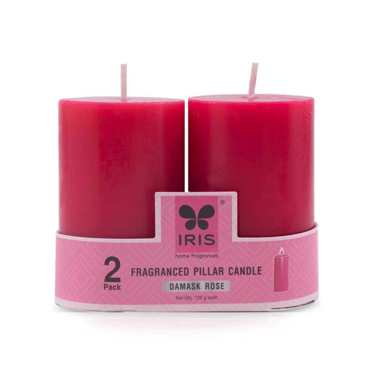 IRIS Wax Homefragrances Pack Of 2, Fragrance Pillar Candles- 120G Each- 2"X 3" (Damask Rose)