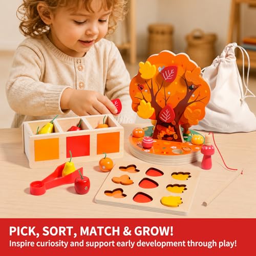 Image of INIFEIDALA Montessori Toys for 3 4 5 6 Year Old - Wooden Educational Toy for Toddlers,Shape Sorting Puzzle for Fine Motor Skills,Apple Picking Magnetic Tree Toy,Hand-Eye Coordination,Color Recognition