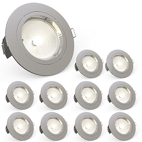 National Lighting Recessed Lighting - Mains Powered LED Spot Lights Downlights for Ceiling - IP20 Rated GU10 Fitting for Halogen or LED - Satin Nickel Finish, Fixed Version – Pack of 10