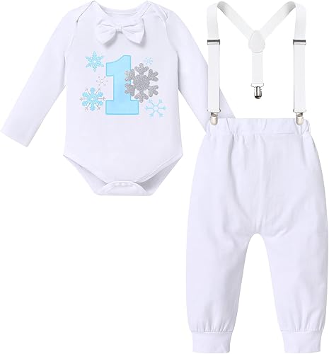 Miniatura 2 de IBTOM CASTLE Traje de invierno con copos de nieve para el primer cumpleaños de bebé, mameluco de pastel y pantalones largos, tirantes y accesorios