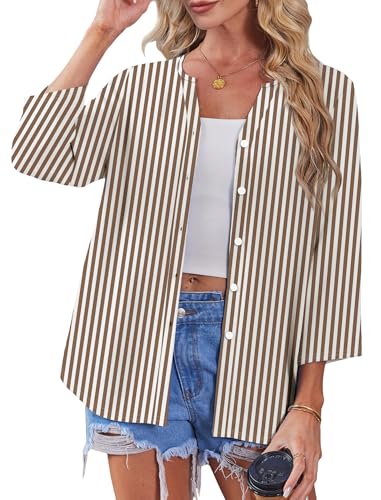 Image of OFEEFAN Button Down Shirts for Women 3 /4 Length Sleeve Tops V Neck Blouses Business Casual Outfits Loose Fit