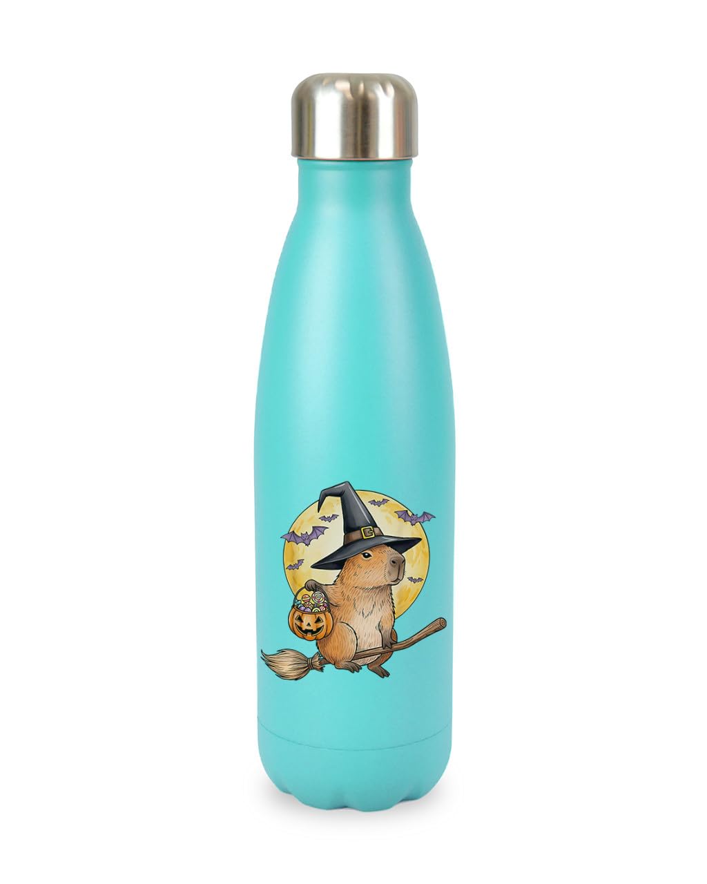Capybara witch broom halloween cat autumn silly weird animal humerous spooky, iconic trendy cool screw top lid stainless steel water bottle drinks cup water bottle refill cute fun explore travel