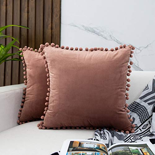 Juspurbet Decorative Throw Pillow Covers With Soft Pom Poms Lace,Pack Of 2 Velvet Pillow Cases For Sofa Couch Bed,24X24 Inches,Jam #TOP8