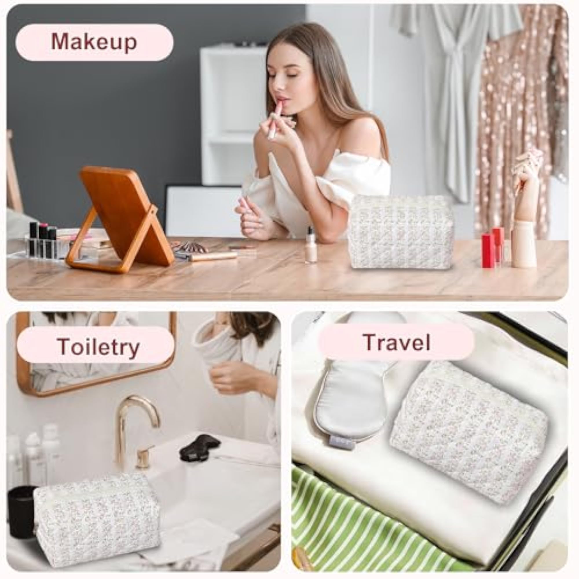 Quilted Makeup Bag, Floral Cotton Travel Toiletry Pouch