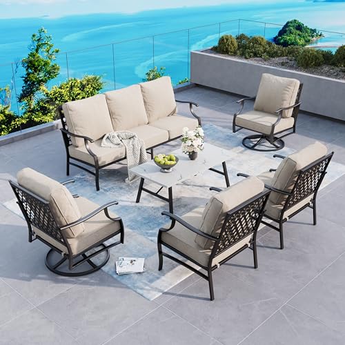 SUNSHINE VALLEY 6 Piece Metal Outdoor Patio Furniture Set, Patio Conversation Sets 1 3-seater Sofa, 2 Swivel Chair, 2 Leg Chair with 5.75