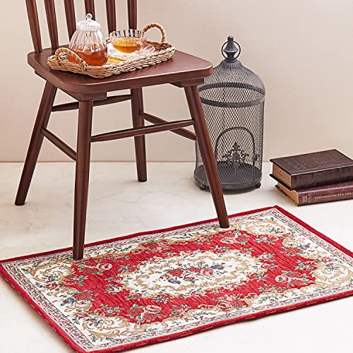 萩原 玄関マット 室内 レッド 約34×120cm 「ザイン」 ゴブラン織 アクセントマット 絨毯柄 クラシカル エレガント 洋風