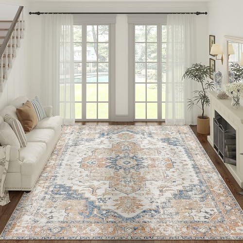 jinchan Kelda Area Rug 9x12 Washable Living Room Rug Vintage Indoor Large Floor Cover Distressed Lightweight Non-Slip Low Pile Thin Mat Accent Stain R