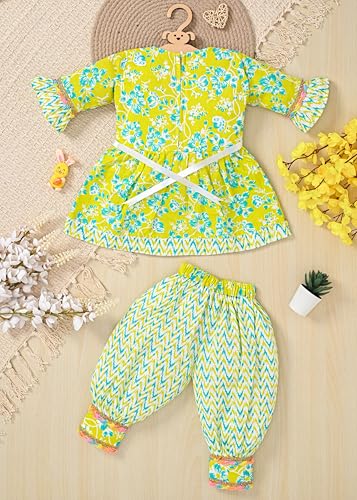 Image of Baby Girls Yellow Ethnic Clothing Set, Mirror Work Embroidered Frock with Zigzag Print Pants, Comfortable Cotton Outfit for Kids