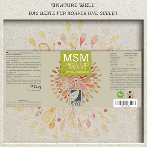 MSM 2000mg pro Tag + natürliches Vitamin C - 365 MSM Tabletten mit Methylsulfonylmethan - kompakteres MSM Pulver als bei MSM Kapseln - 1000 mg MSM pro Tablette - vegan - NatureWell