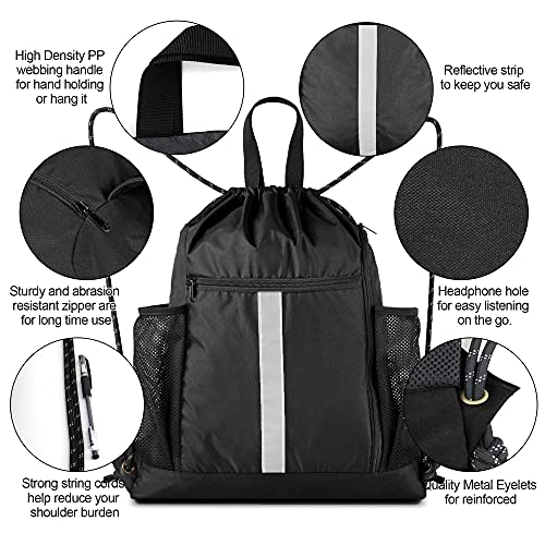 Image of BeeGreen Drawstring Backpack Bag Sports Gym Backpack with Shoe Compartment and Two Water Bottle Holder for Men Women Large String Backpack Athletic Sackpack Workbag Black