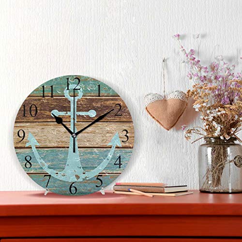 Wamika Round Wall Clock Vintage Anchor Wooden Rustic Country Clock Silent Non Ticking Decorative,Wooden Planks Nautical Theme Clocks 10 Inch Battery Operated Quartz Analog Quiet Desk Clock For Home #TOP3