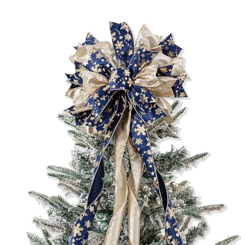 Blue Gold Christmas Tree Topper, 40x13 Inches Toppers Bow with Glitter Satin Mesh Streamer and Patterned Ribbon, Christmas Tree Topper Bow for Christmas Home Decoration