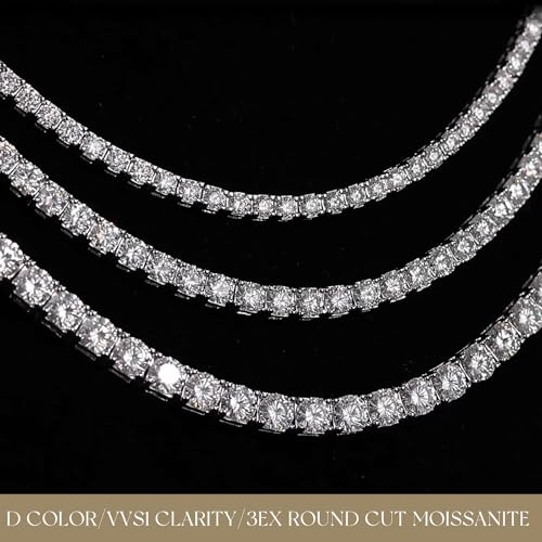 FANCIME Moissanite Tennis Necklace 12.9-47.5 Carats 925 Sterling Silver Tennis Necklace Chain 3mm/4mm/5mm D Color VVS1 Round Cut Moissanite Necklace for Men Women 18inch/20inch3