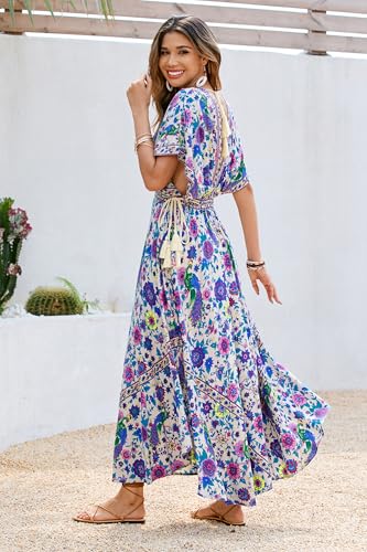 R.Vivimos Women Summer Print Deep V Neck Cotton Beach Long Dresses3
