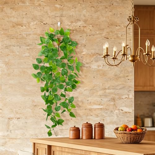 Image of LOYWREE 2 Pack Artificial Hanging Plants with Wall Planter, Faux Pothos Vines Fake Hanging Plant, Plastic Greenery Wall Decor for Indoor Outdoor Home Office Garden Patio Bedroom Living Room Decor