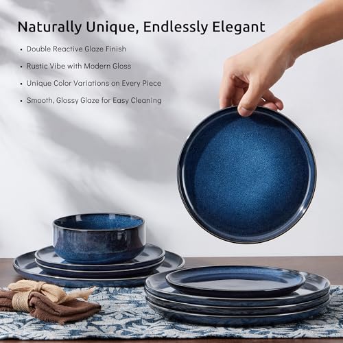 E-far Dinnerware Sets for 4, 12-Piece Stoneware Plates and Bowls Set, Ceramic Dishes Reactive Glaze Dinning Ware, Microwave & Dishwasher Safe - Deep Sea Blue by E-far - Image 4