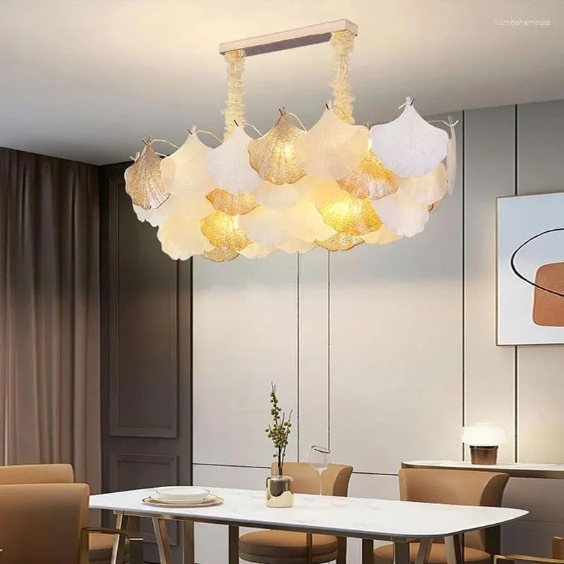 Image of 800 mm Modern Linear Ginkgo Leaf Chandelier for Living Room | Jhumar Light for Hall Ceiling | 3 Color Smart Lighting with Alexa Google Control | Dining Room Hanging Light Fixture