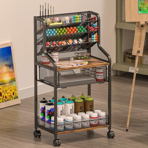 Small Rolling Utility Cart with Drawer, Metal Craft Storage Cart with Lockable Wheel, Versatile Art Organizer with 6 Tiers & Removable Dividers for Drawing Room, Store Paint & Artifact, Patent Pending