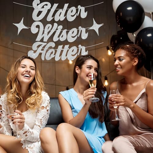 Image of BEISHIDA Glitter Silver Older Wiser Hotter Banner with Star, Funny Birthday Banner 30th 40th 50th 60th 70th 80th Party Decorations