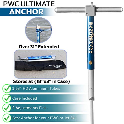 Ultimate PWC Premium Sand Anchor. Proven to Hold and Protect Watercraft. Shallow Water, Beach, or Sandbar Anchor for Jet Ski or Waverunner. Adjustable 18” to 31”, Padded Case, by SandShark.