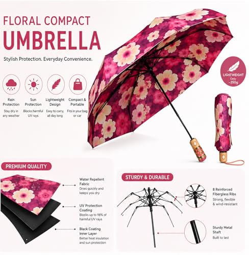 Image of BENAVJI Umbrella for Women -3 Fold, UV Coated, Auto Open Close- Printed Design Umberallas for Ladies, Girls and Men