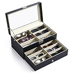 CO-Z Sunglasses Organizer with 12 Slots, Multiple Eyeglasses Eyewear Display Case for Women Men, 2 Story Leather Multi Sunglasses Jewelry Collection Holder with Drawer