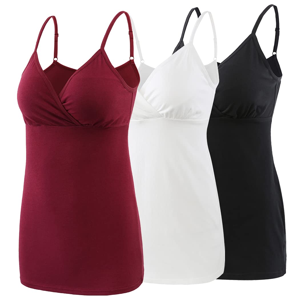 COLOMI Karmienie tank topy dla matki z wbudowanym biustonoszem do karmienia piersią Basic Camisole, Black + biały + czerwony wino/3 szt, M