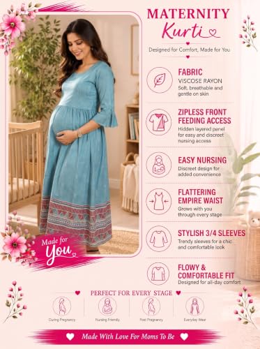Image of RITIJYA Zipless Feeding Kurta Dress for Women | Maternity Nursing Kurti, No-Zip Easy Access | Extra Pleats Pre to Post Pregnancy | Quick-Dry Fabric | S-4XL