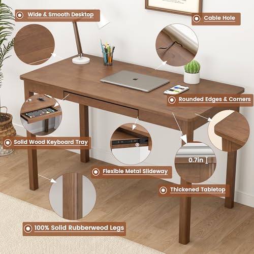 ENPKLUTE 100% Solid Wood Desk with Keyboard Tray - 48 x 24 Inch Computer Desk with Keyboard Tray, Mid Century Modern Writing Desks, Simple Study Table Home Office Desks for Small Spaces|Bedroom-Walnut by ENPKLUTE - Image 5