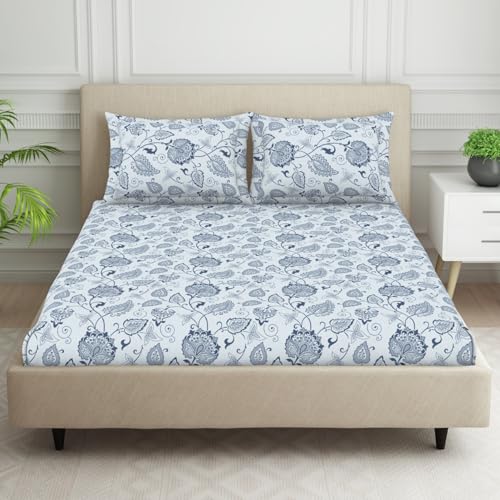 Image of Welspun Cotton Blend Bedsheet for Double Bed King Size with 2 Pillow Covers | Floral Print | Super Soft, Breathable & Skin Safe Bed Sheet | 274 x 274 cm | Ideal for Gifting & Festivals | Dark Green