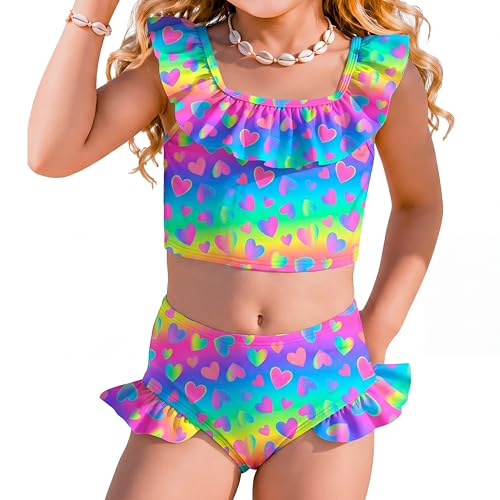 Image of Xaatren Toddler Girl Swimsuits 2 Piece Kids Ruffle Trim Bathing Suit with Adjustable Strap Summer Cute Tankini for 2-8 Years