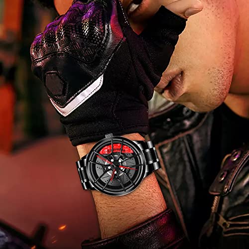 Boyadka Car Wheel Watches,Waterproof Stainless Steel Japanese Quartz Wrist Watch Sports Men’s Watches With Car Wheel Rim Hub Design For Car Enthusiast (Black) #TOP6