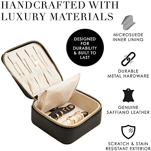 Minimale Collective Travel Jewelry Case | Small Jewelry Box | Genuine Leather Travel Jewelry Organizer For Necklaces, Earrings & Rings With Detachable Pouch For Watches & Bracelets (Black Saffiano) #TOP1
