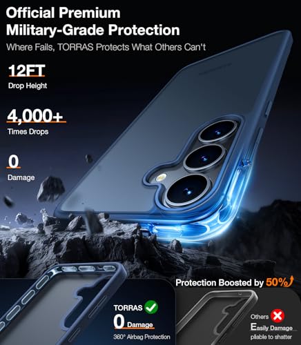 Image of TORRAS Shockproof for Samsung Galaxy S25 Plus Case, 12FT Military-Grade Protection, Slim Case for Samsung S25 Plus Case, Matte Translucent Blue, Thin, Guardian Series