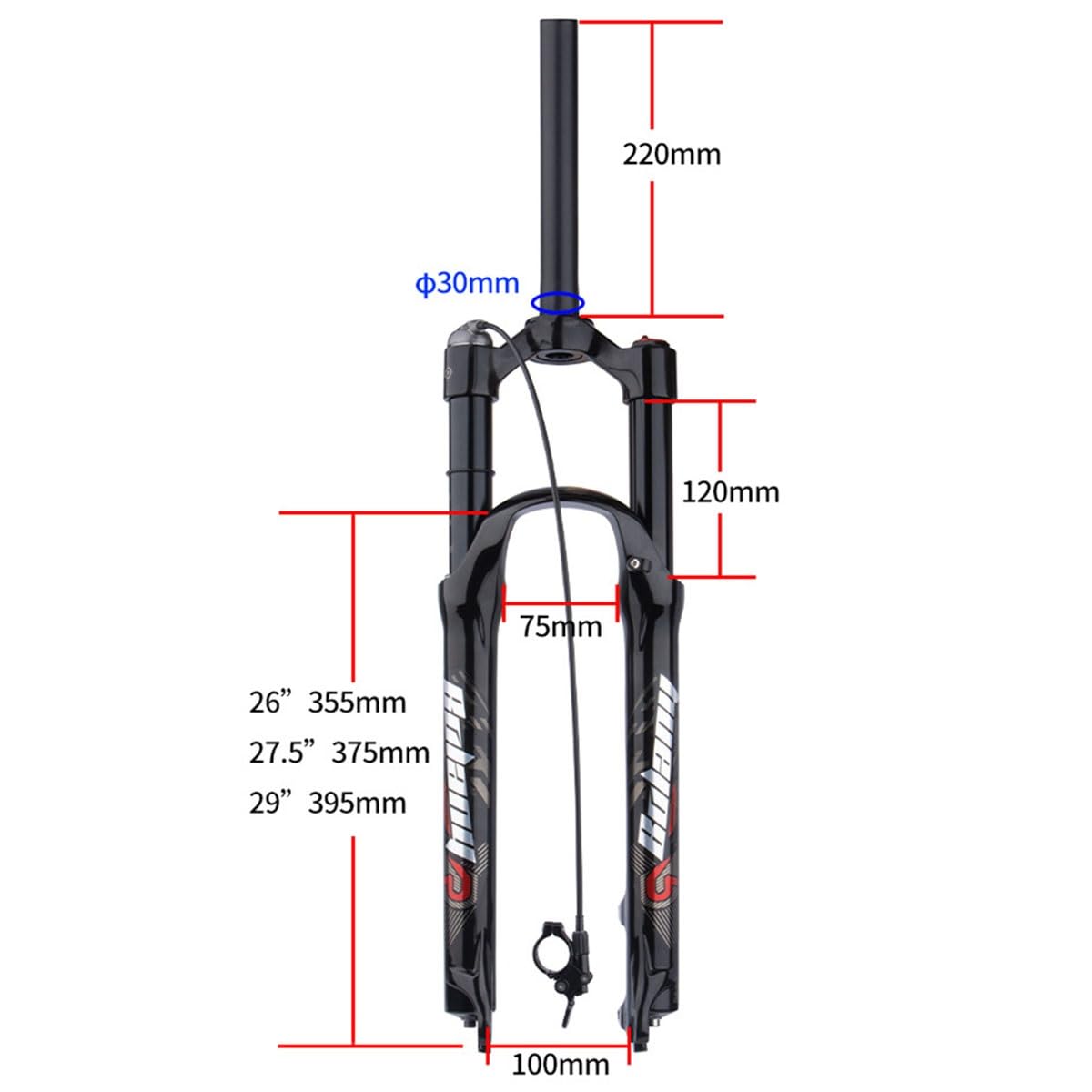 Przedni widelec amortyzowany powietrzem do roweru górskiego 26/27,5/29 cali z hamulcem tarczowym, rura prosta 1-1/8", szybkozłączka, 9 mm ręczna blokada MTB, droga sprężyny 100 mm, koło przednie 2500