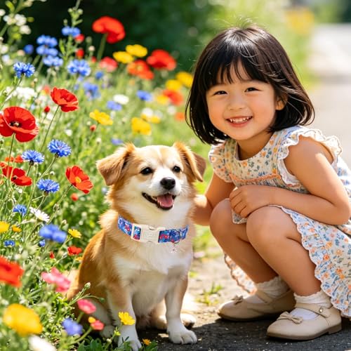 Image of Blue Floral Dog Collar, Summer Spring Adjustable Cotton Floral Collar with Daisy Charm Pendant, Quick Release Buckle, Soft Wildflowers Puppy Collar for Small Medium Large Dogs