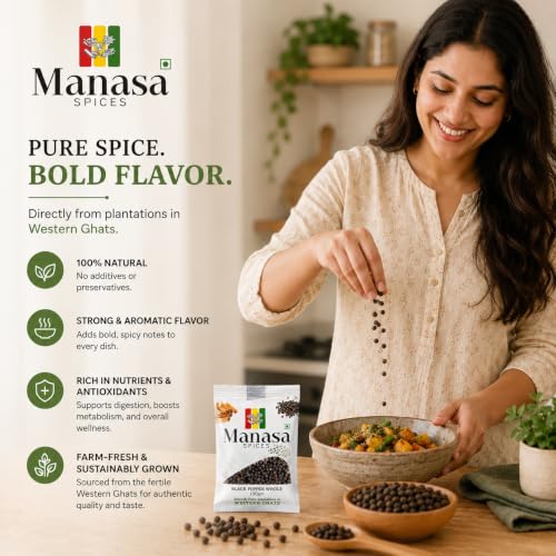 Image of Manasa Spices Black Pepper Whole 100gm, Kali Mirch Whole Sourced from the fertile Western Ghats, Bold Sun-Dried Peppercorns, 100% Natural & Pure, Rich Aroma & Flavor, Sabut Gol Mirch for Cooking