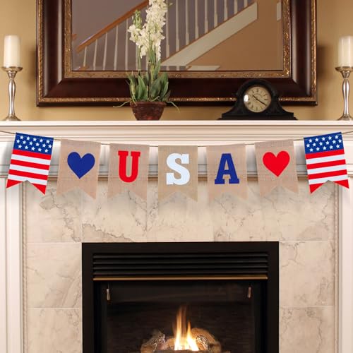 Oeyliz 4th of July Banner Patriotic Banner Red White and Blue Decorations Memorial Day Banners Pre-Assembled Independence Day Banner Patriotic Garland American Home Decorations Party Supplies