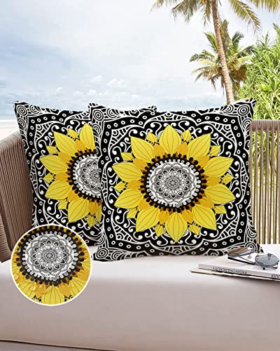 Outdoor Pillow Covers Waterproof, Center Black Mandala Texture Sunflower All Weather Cushion Case Set of 2, White Mandala Decorative Pillowcases for Sofa Couch Bed Decor Patio Furniture 20