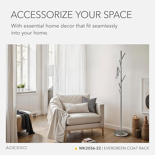 Adesso Evergreen Coat Rack with Brushed Steel Finish – Space-Saving Entryway Organizer Perfect for Coats, Bags, Purses and Hats – 6 Hooks, 67" Tall by Adesso - Image 2
