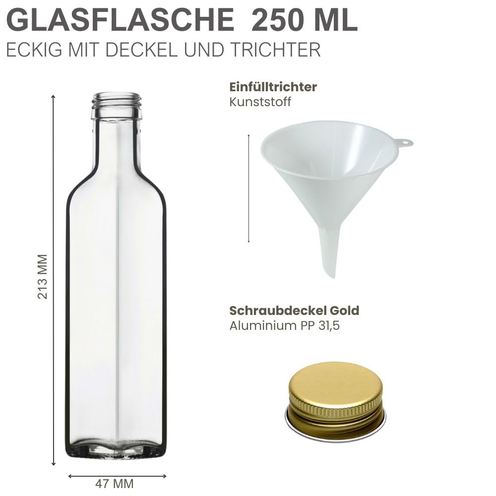 Viva Haushaltswaren szklane butelki z zakrętkami 250 ml (6 sztuk) i białym lejkiem (średnica 7 cm)