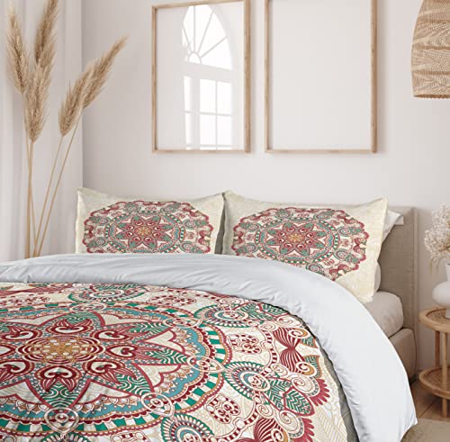 Ambesonne Mandala Duvet Cover Set, Oriental Mandala Vintage Style Boho Art Geometric Forms Pattern Image, Decorative 3 Piece Bedding Set With 2 Pillow Shams, Queen Size, Cream Green #TOP5