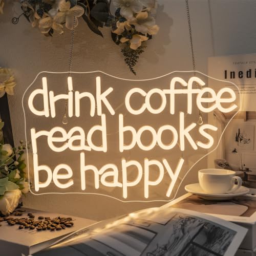 Image of Looklight Drink Coffee Read Books Be Happy Neon Sign Warm White Read Books Led Neon Light for Wall Decor Dimmable USB Neon Light Up Signs for Classroom Coffee Shop Bookstore Library Museum Study Room