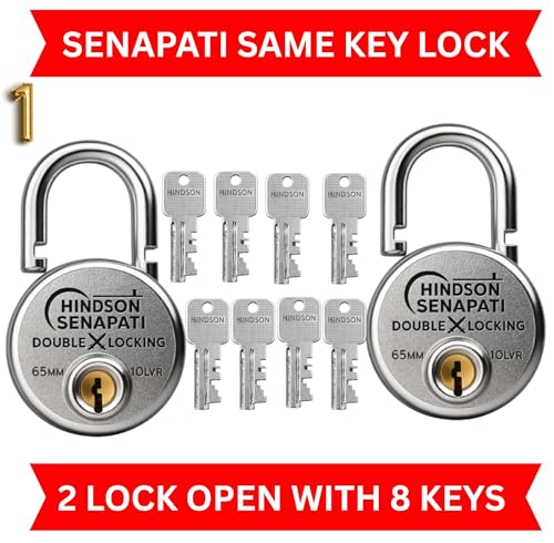 Image of HINDSON Same Key Lock Senapati 65mm Double Locking Padlock Pack of 2 with 10 Lever Security and 8 Same Keys | Heavy Duty Lock and Key for Home, Door and Gate Use