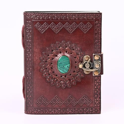 Image of Hancrafty Leather Diary, Handmade Green Stone Embossed Plain White Paper Journal with Lock Clasp for Men and Women Travel Notebook for Writing (Brown)