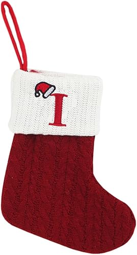 Vista 14 de Threetols Medias de Navidad con inicial, letra pequeña bordada de punto, medias de Navidad rojas y blancas, letras con monograma, para colgar